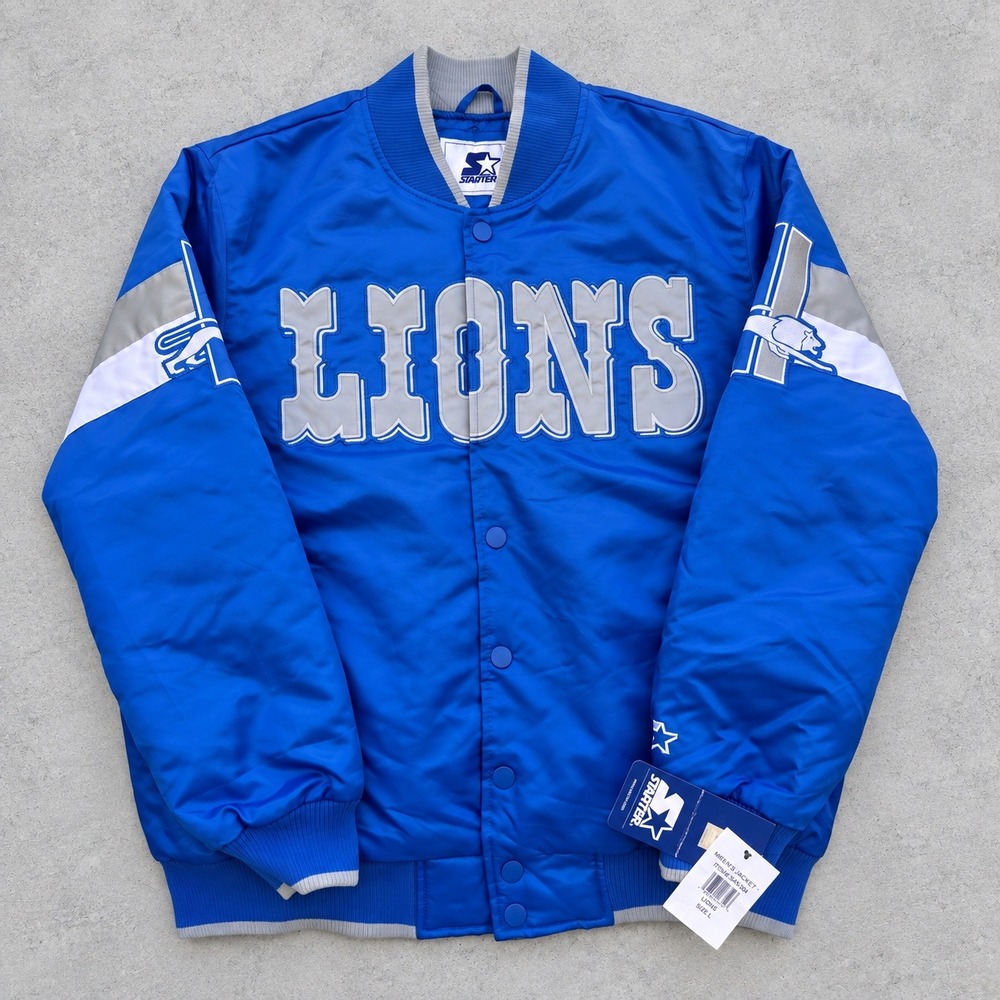 Starter Detroit Lions Jacket Blue Varsity Bomber Snap Front Size L NWT Unworn